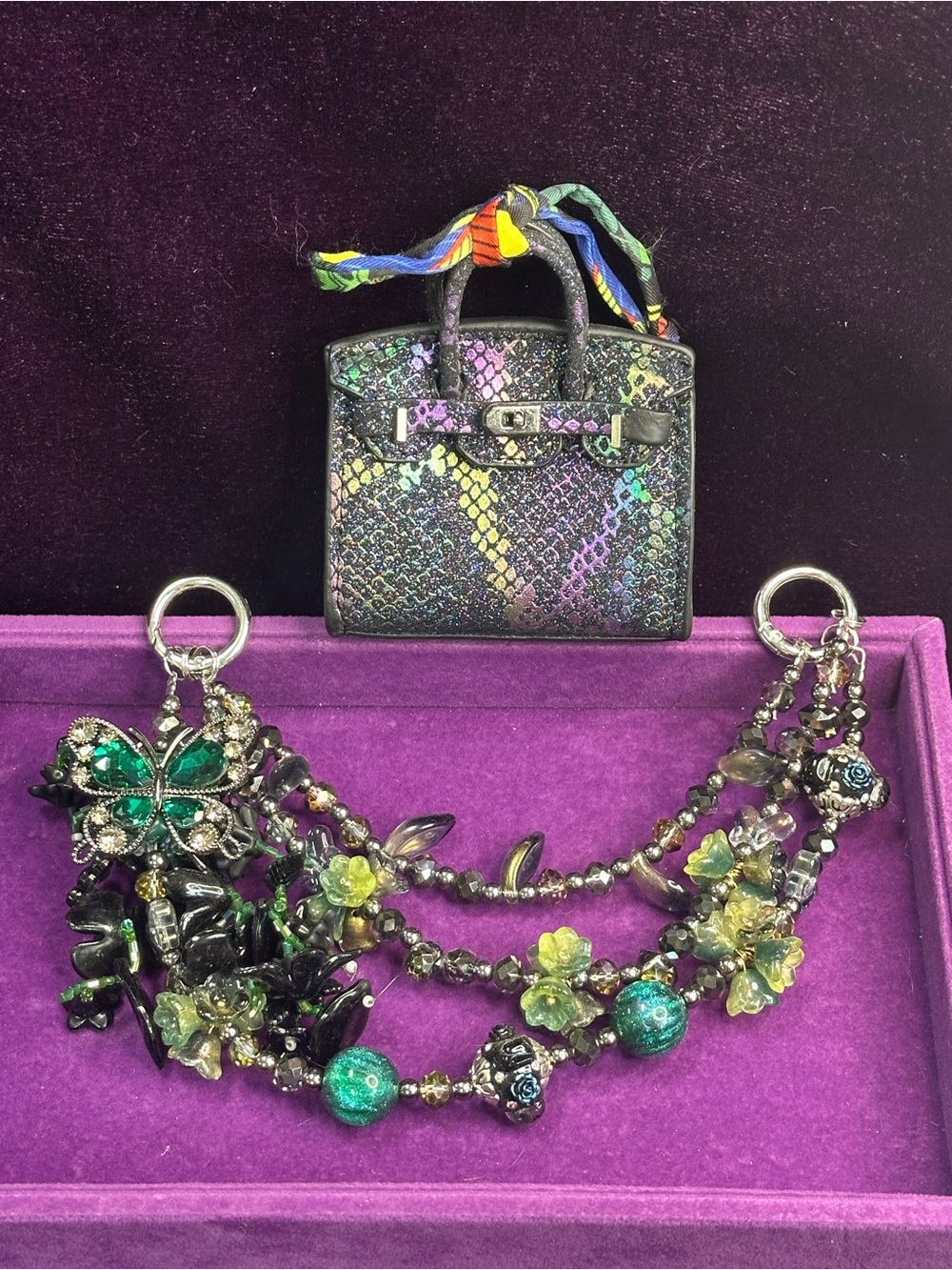 Handmade Mini Bag Charm — Iridescent Snake Print w/ Beaded Chain Option